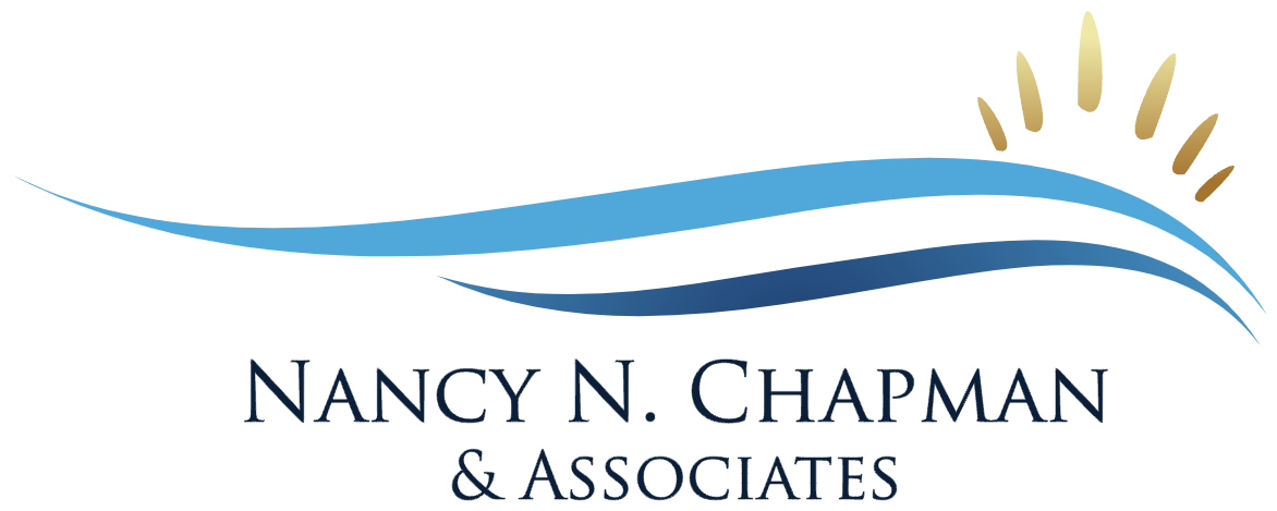 "Nancy N. Chapman & Associates" logo featuring two waves in dark blue and light blue tones, symbolizing transformation and serenity. Sun rays at the right edge represent hope and positivity.